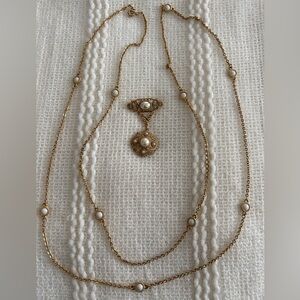 Vintage Faux Pearl Dangle Brooch & Long gold-tone white bead Necklace